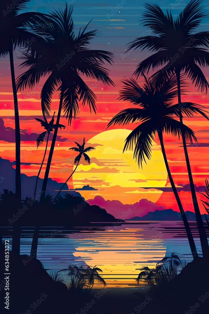 Tropical sunset with palm trees silhouette and beautiful dusk colorful sky background. Illustration AI 