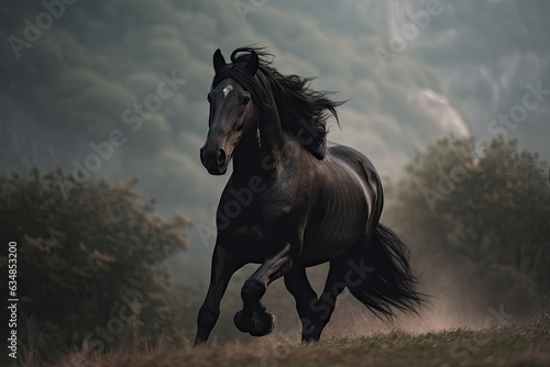 Black horse galloping in countryside. Majestic and free.  generative IA