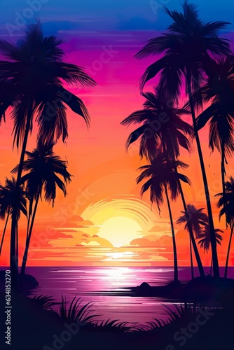 Tropical sunset with palm trees silhouette and beautiful dusk colorful sky background. Illustration AI  © Kay