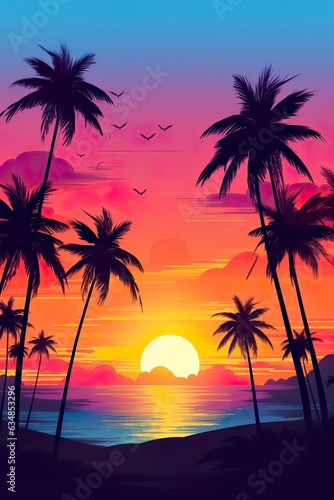 Tropical sunset with palm trees silhouette and beautiful dusk colorful sky background. Illustration AI  © Kay