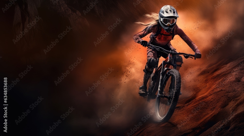 Obraz premium A female bicyclist riding in a mountainous terrain. Extreme cycling. Cycling sport