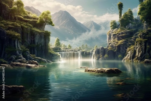 Gorgeous picture of a lake surrounded by little waterfalls and mountains.