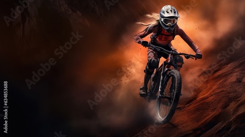 A female bicyclist riding in a mountainous terrain. Extreme cycling. Cycling sport
