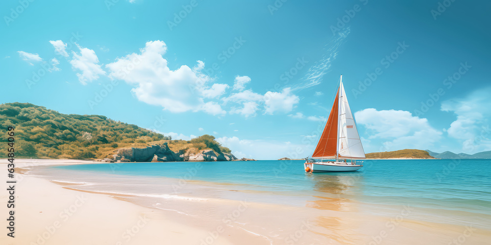 Coastal adventure, Beautiful beach with sailing boat, embracing active lifestyle. A sailing boat docked on the beach, nobody. Horizontal wallpaper.