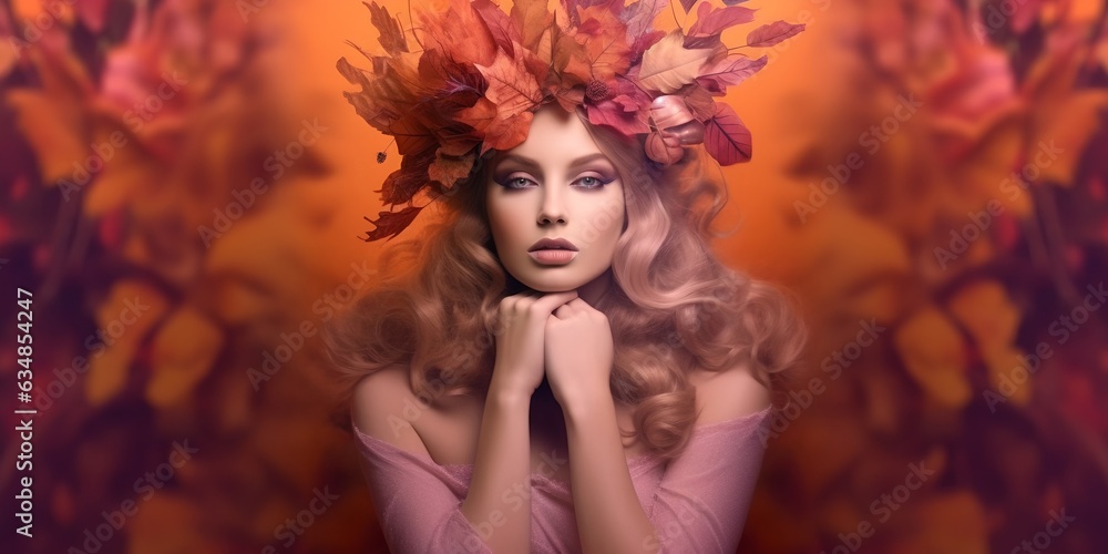 Autumn fantasy woman, generative ai portrait fairy female with autumn leaves