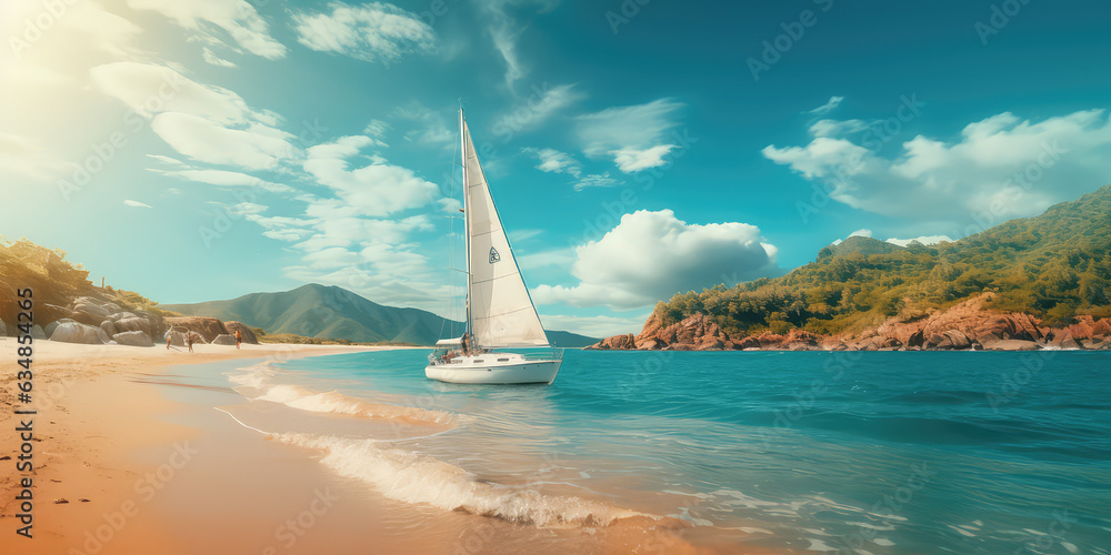 Obraz premium Coastal adventure, Beautiful beach with sailing boat, embracing active lifestyle. A sailing boat docked on the beach, nobody. Horizontal wallpaper.