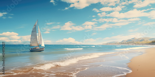 Coastal adventure  Beautiful beach with sailing boat  embracing active lifestyle. A sailing boat docked on the beach  nobody. Horizontal wallpaper.
