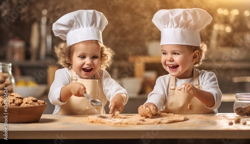 Kids cooking, wearing cute chef outfits with aprons and hats, generative ai