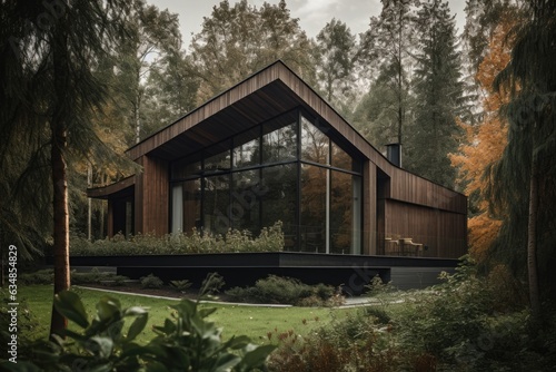 Modern wooden house, lush nature., generative IA
