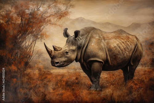 Majestic rhino emerges on the savannah at sunset.  PowerfulNature  generative IA