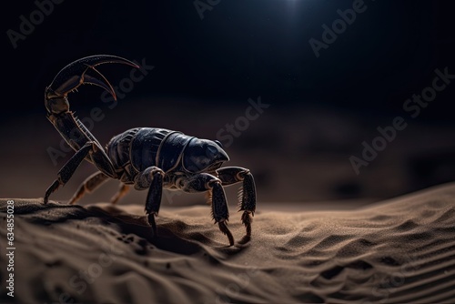 Night scorpion emerges in the desert, claws and stinger menacing., generative IA