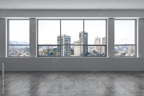 Empty room Interior Skyscrapers View Cityscape. Downtown San Francisco City Skyline Buildings from High Rise Window. Beautiful California Real Estate. Day time. 3d rendering.