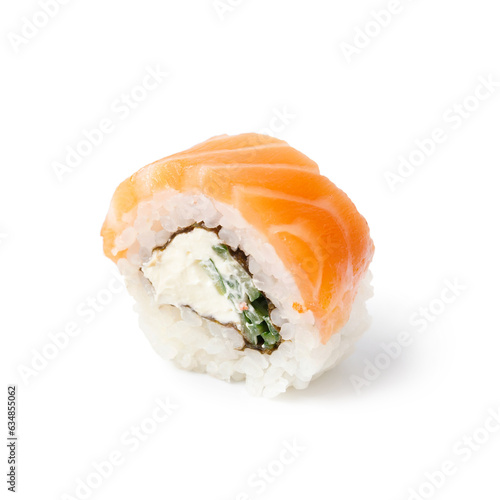 Sushi roll with salmon, cucumber and cream cheese on a white background, close-up.