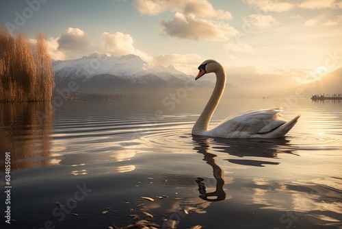 Elegant swan floating on serene lake  mountains in background.  generative IA