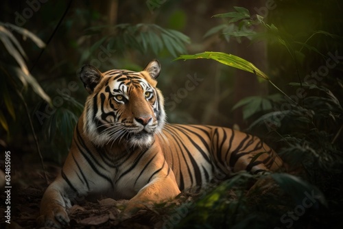 Majestic tiger rests in the jungle at dusk., generative IA