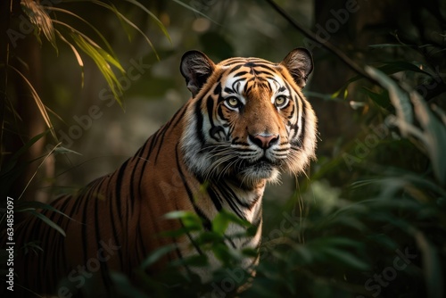 Majestic tiger rests in the jungle at dusk.  generative IA
