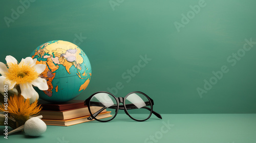 Happy Teachers Day banner, a desk with books, globe and stationery photo