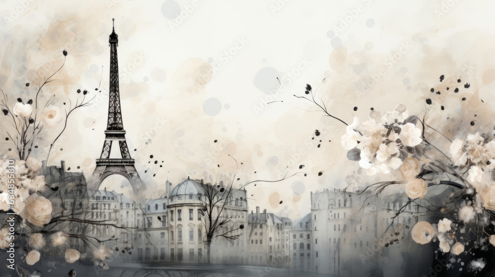 Watercolor thin black outline flowers in the foreground against a faded misty background of Paris - obrazy, fototapety, plakaty 