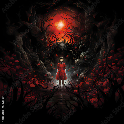 Young girl standing in a nightmare surrounded by red flowers and dark shadows