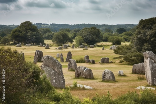 Mysterious menhirs and Celtic remains in Carnac, France., generative IA photo