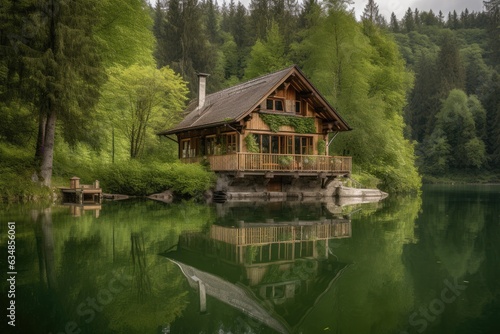 Picturesque house on the shores of a serene lake., generative IA © Gabriel