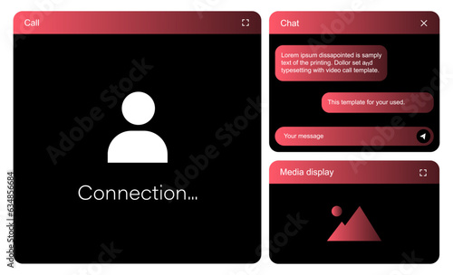 Videocall interface, video call screen icons and UI template for laptop, vector overlay. Video conference or videocall online chat mockup for laptop application with call buttons photo