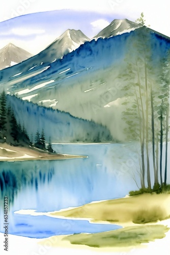 A Watercolor Painting Of A Mountain Lake