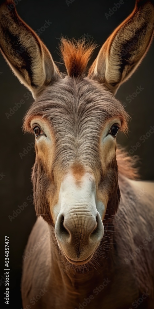 an image of a donkey, looking directly face forward, black background, minimalistic, Generative AI