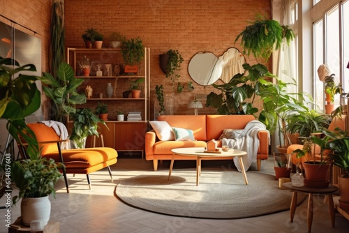 Interior of living room including modern furniture and plants