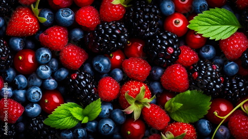 Raspberry,blackberry,blueberry,strawberry and leaves top view background.Generative AI