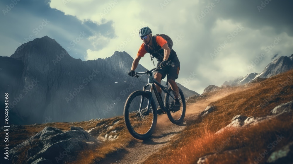 A male bicyclist riding in a mountainous terrain. Extreme cycling. Cycling sport