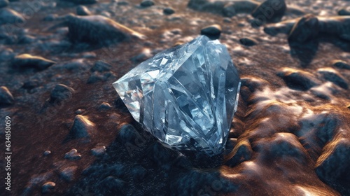 From a height, a transparent crystal stone on the ground is visible
