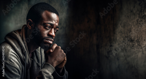 Black african american man depicting a sad depressive state, depression concept, hyperrealistic, masterpiece, soft light, mental health