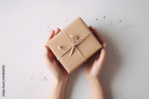 Female hands holding gift box. Generative AI