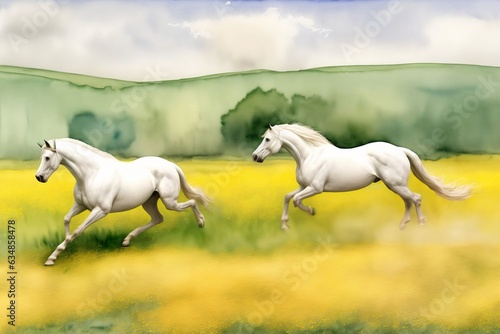 Two White Horses Running In A Field Of Yellow Flowers