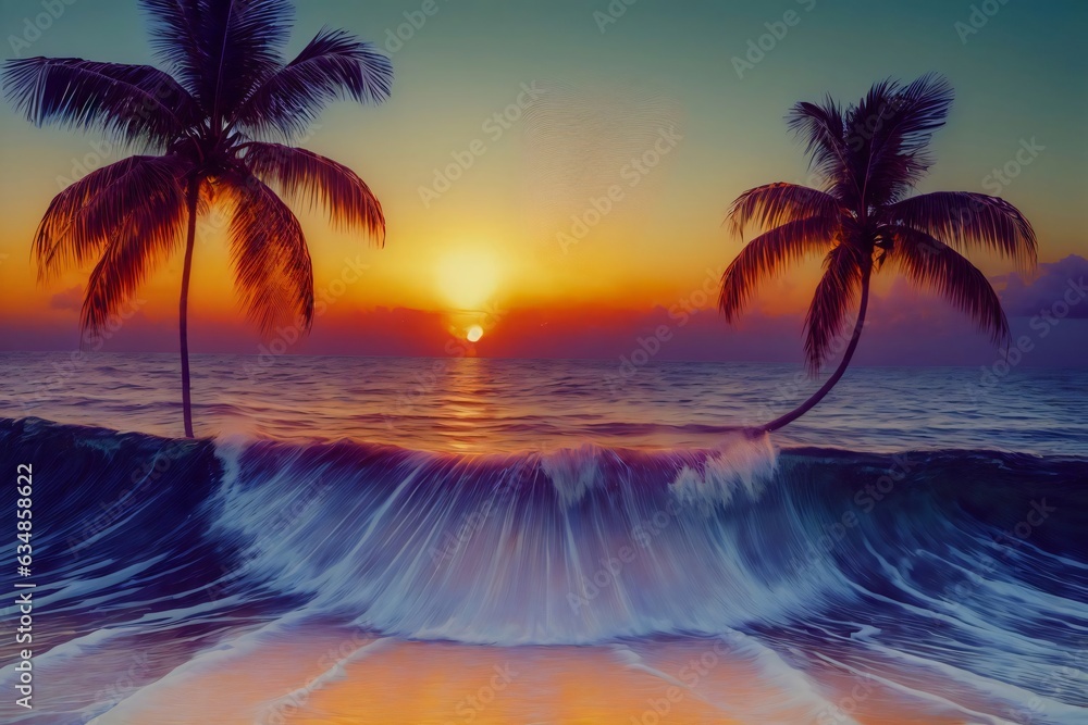 A Painting Of Two Palm Trees In Front Of A Sunset