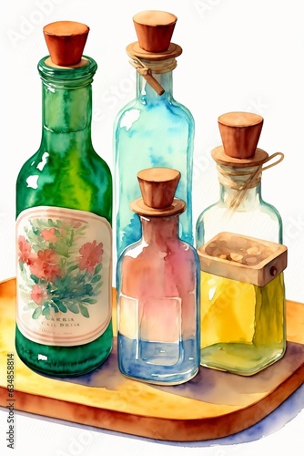 A Painting Of Three Bottles On A Tray