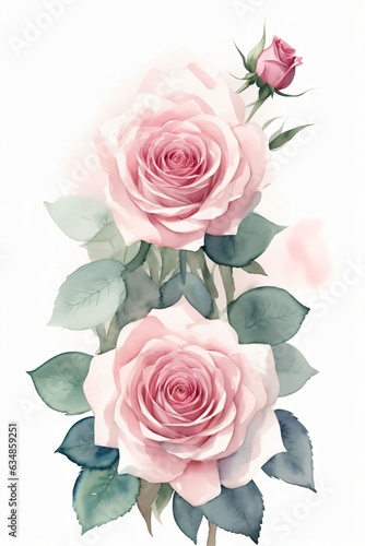 Two Pink Roses With Green Leaves On A White Background
