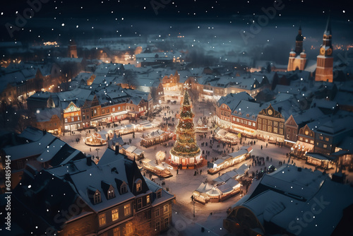 Winter evening Christmas town with lights, Christmas tree and snow with people on the street, top view. AI generated.