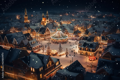 Winter evening Christmas town with lights, Christmas tree and snow with people on the street, top view. AI generated photo