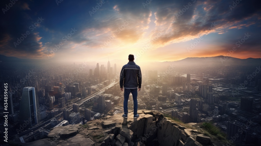 Fototapeta premium A man standing on top of a mountain overlooking a city. Generative AI.