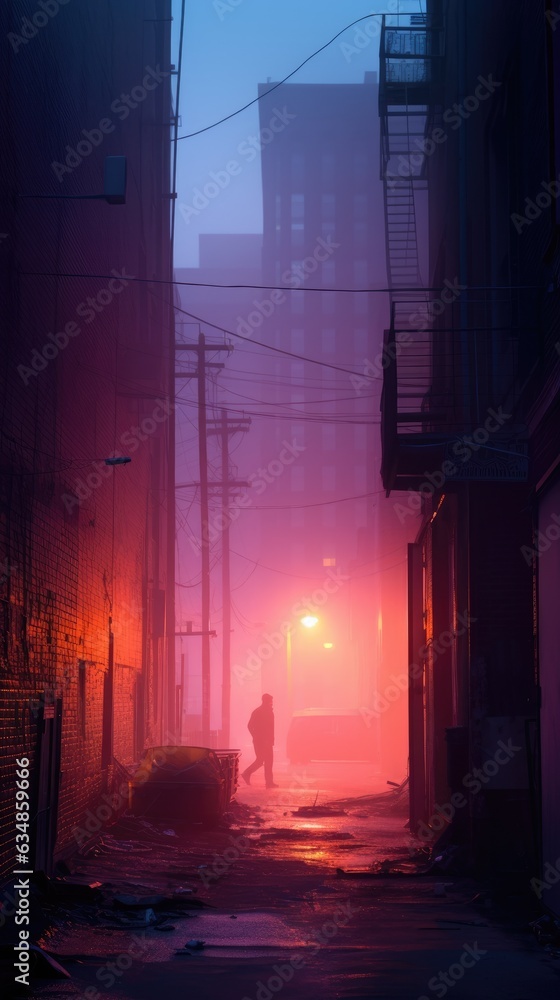 A person walking down a street at night. Generative AI.