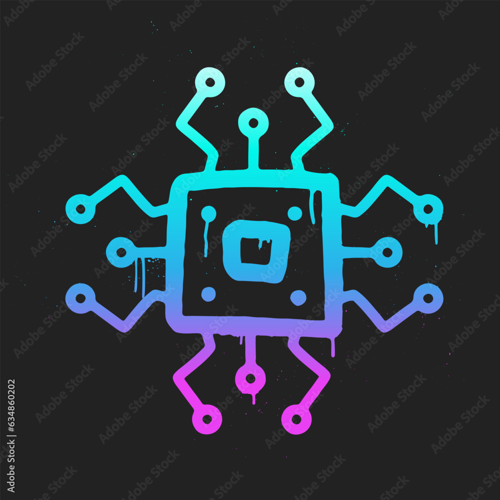 AI Neon Graffiti. Processor Chip. Artificial Intelligence in Urban Street Style. Trendy Y2K clipart. Splash effects and drops. Grunge and spray texture. AI Neon Graffiti. Processor Chip. Artificial Intelligence in Urban Street Style. Trendy Y2K clipart. Splash effects and drops. Grunge and spray texture.