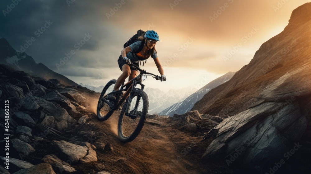 A female bicyclist riding in a mountainous terrain. Extreme cycling. Cycling sport A female bicyclist riding in a mountainous terrain. Extreme cycling. Cycling sport