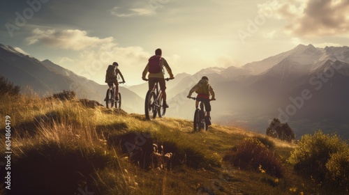 Ai generative image of Family Mom, Dad and kids on a bike ride in a mountainous area. tourists © masyastadnikova