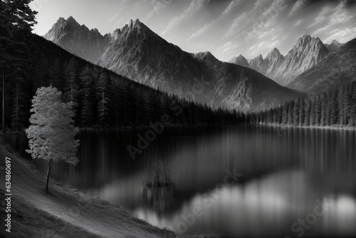 A Black And White Photo Of A Mountain Lake