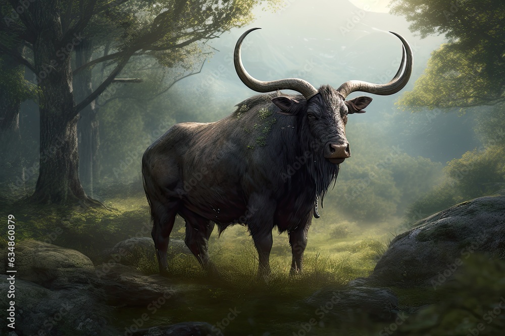 Majestic bull standing tall in countryside., generative IA