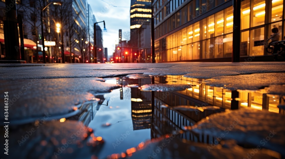 A puddle of water on a city street. Generative AI.