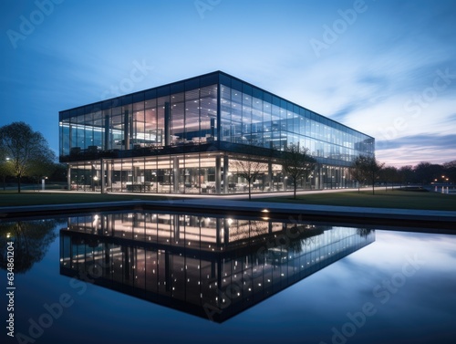 A large glass building with a reflection in the water. Generative AI. © Natalia