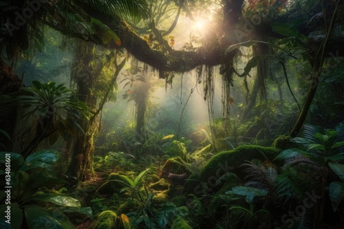 Lush tropical forest with colorful plants and orchids., generative IA